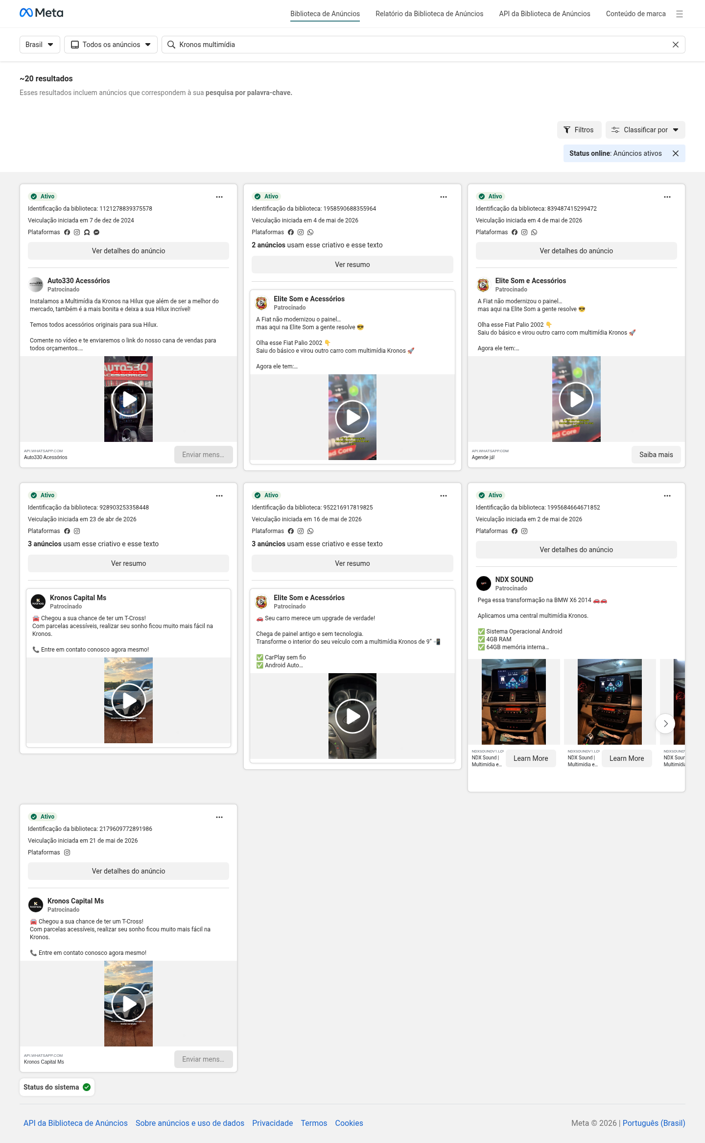 Print da Biblioteca de Anúncios da Meta com anúncios ativos que mencionam Kronos.