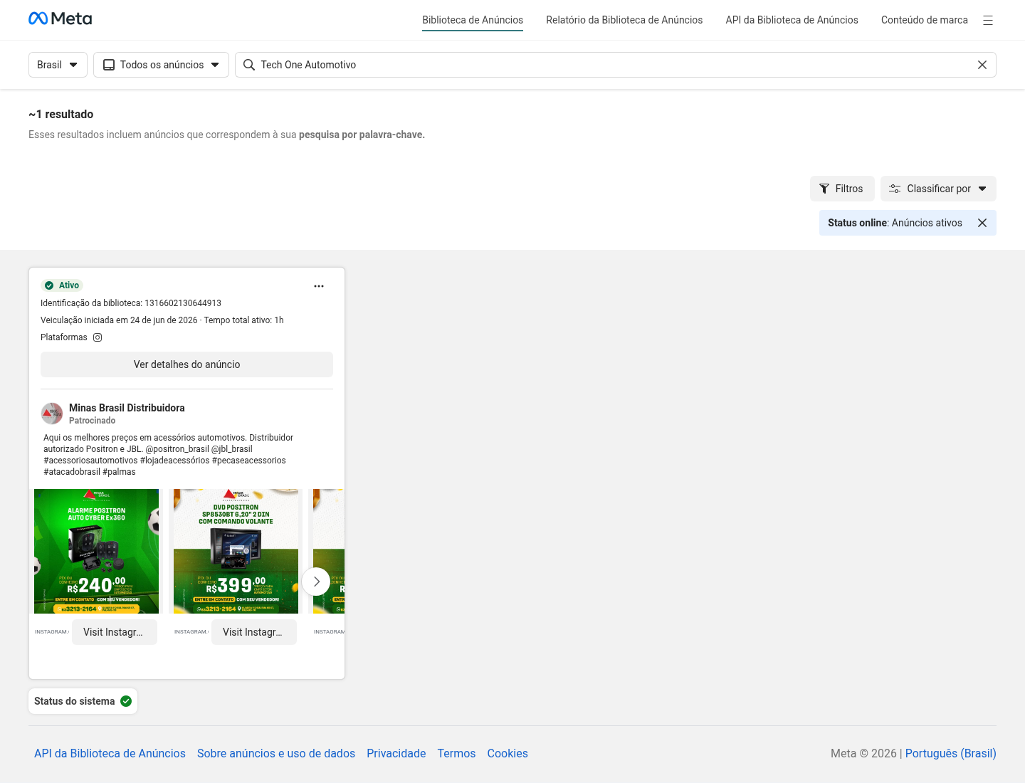 Print da Biblioteca de Anúncios da Meta com resultado para Tech One Automotivo.