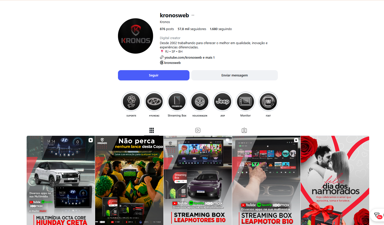 Perfil do Instagram da Kronos com destaques por montadora e vitrine de produtos.